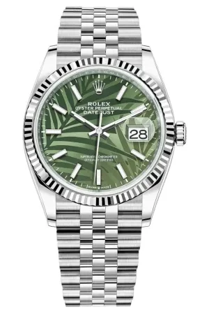 Datejust 36 Steel & White Gold Olive Green Palm-Motif Dial Women's Watch M126234-0047-1005-01