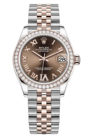 Rolex Datejust 31 Stainless Steel and Rose Gold Automatic Chocolate Pave Roman Dial Diamond Bezel Women's Watch M278381RBR-0006