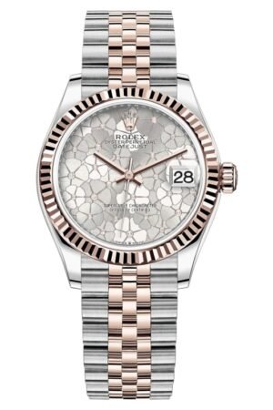 Rolex Datejust 31 Stainless Steel and Rose Gold Silver Floral-Motif Diamond Dial Women's Watch M278271-0032