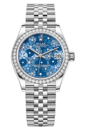 Rolex Datejust 31 Stainless Steel and White Gold Azzurro-Blue-Floral-Motif Diamond Dial Diamond Bezel Women's Watch M278384RBR-0040