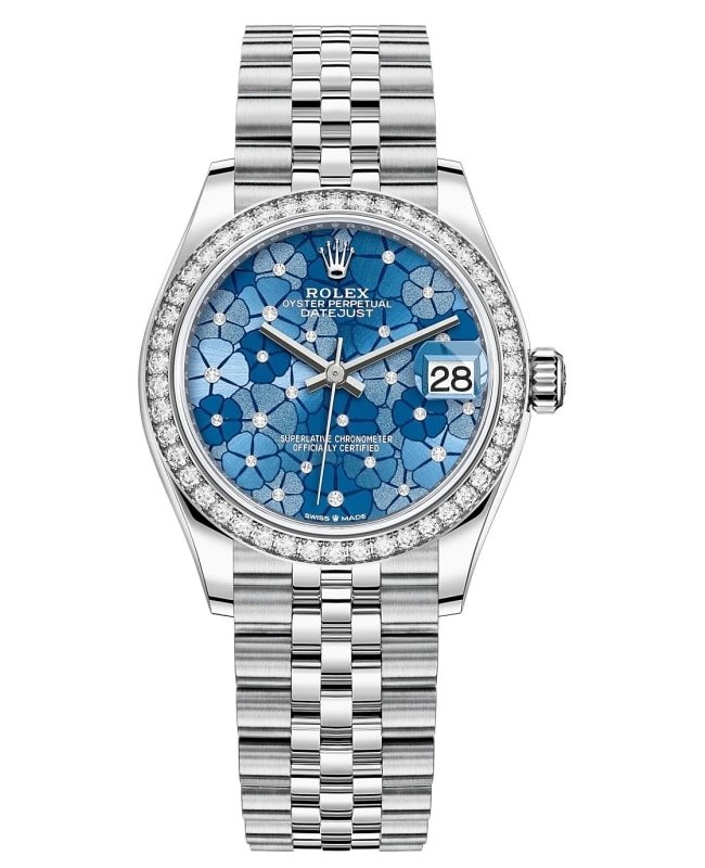 Rolex Datejust 31 Stainless Steel and White Gold Azzurro-Blue-Floral-Motif Diamond Dial Diamond Bezel Women's Watch M278384RBR-0040