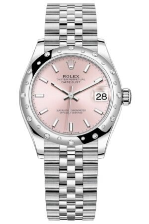 Rolex Datejust 31 Stainless Steel and White Gold Pink Dial Domed Diamond Bezel Women's Watch M278344RBR-0016