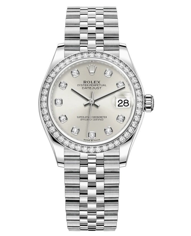 Rolex Datejust 31 Stainless Steel and White Gold Silver Diamond Dial Diamond Bezel Women's Watch M278384RBR-0034