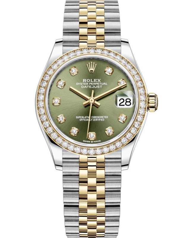 Rolex Datejust 31 Stainless Steel and Yellow Gold Olive Green Diamond Dial Diamond Bezel Women's Watch M278383RBR-0030