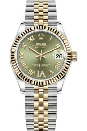 Rolex Datejust 31 Stainless Steel and Yellow Gold Olive Green Pave Roman Dial Women's Watch M278273-0016