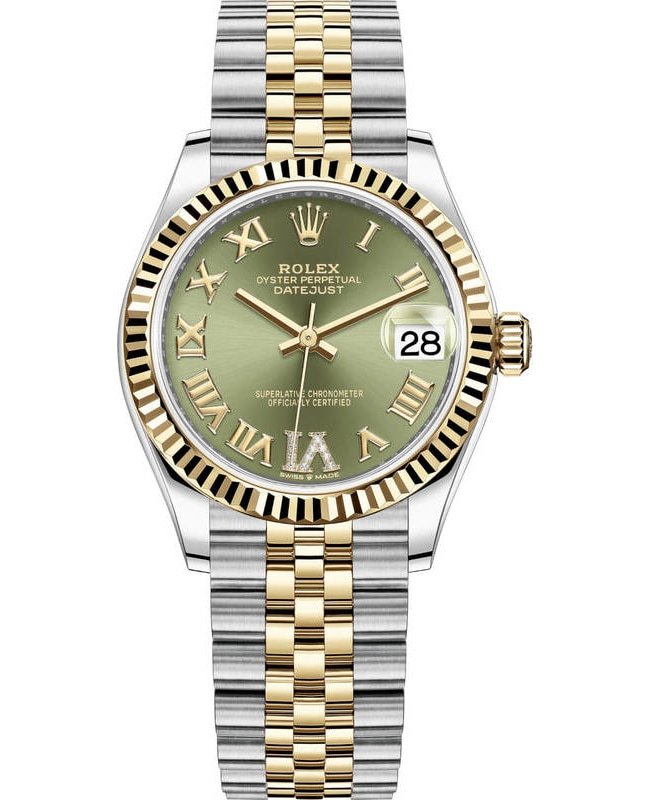 Rolex Datejust 31 Stainless Steel and Yellow Gold Olive Green Pave Roman Dial Women's Watch M278273-0016