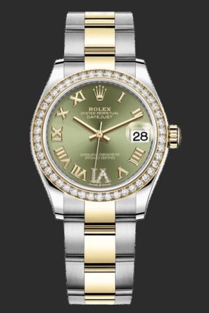 Rolex Datejust 31 Stainless Steel and Yellow Gold Olive Green Pave Roman Dial Diamond Bezel Women's Watch M278383RBR-0015