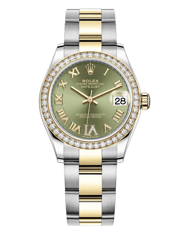 Rolex Datejust 31 Stainless Steel and Yellow Gold Olive Green Pave Roman Dial Diamond Bezel Women's Watch M278383RBR-0015