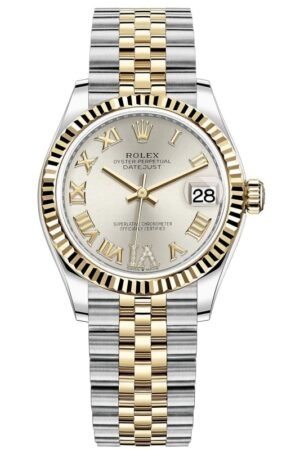 Rolex Datejust 31 Stainless Steel and Yellow Gold Silver Pave Roman Dial Women's Watch M278273-0004