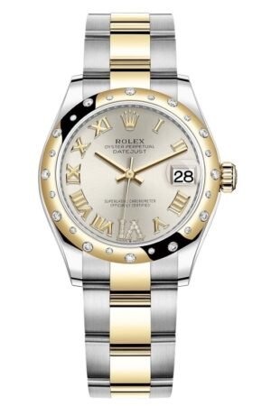 Rolex Datejust 31 Stainless Steel and Yellow Gold Silver Pave Roman Dial Domed Diamond Bezel Women's Watch M278343RBR-0003