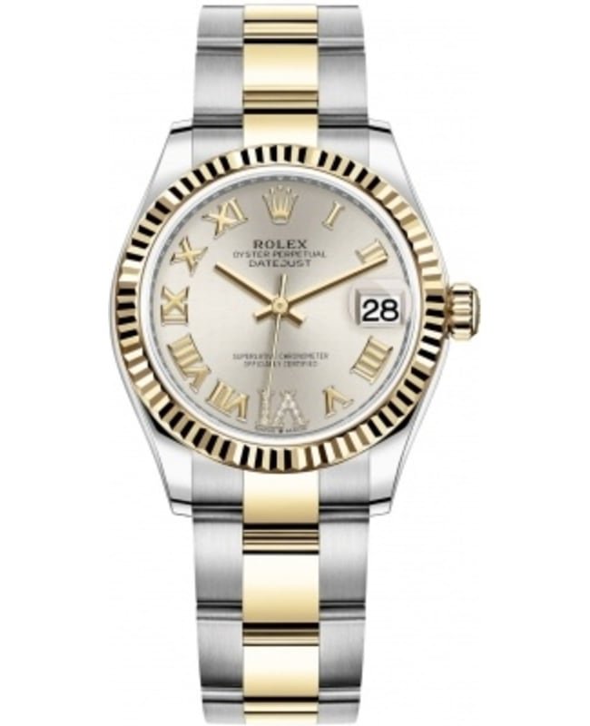 Rolex Datejust 31 Stainless Steel and Yellow Gold Silver Pave Roman Dial Women's Watch M278273-0003