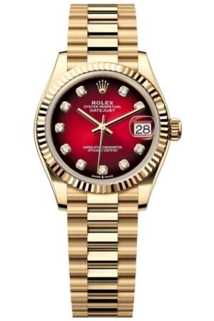 Rolex Datejust 31 Yellow Gold Automatic Diamond Red Dial President Bracelet Unisex Watch M278278-0049