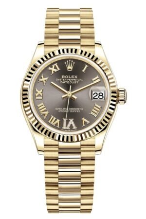Rolex Datejust 31 Yellow Gold Dark Grey Pave Roman Diamond Dial Women's Watch M278278-0032