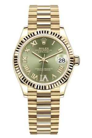 Rolex Datejust 31 Yellow Gold Olive Green Pave Roman Diamond Dial Women's Watch M278278-0030