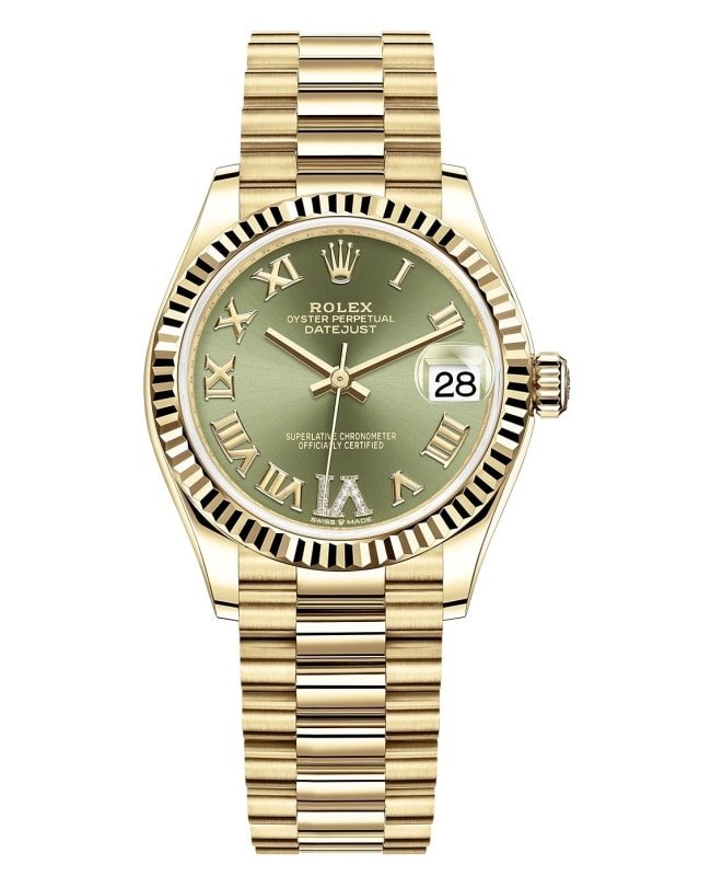 Rolex Datejust 31 Yellow Gold Olive Green Pave Roman Diamond Dial Women's Watch M278278-0030