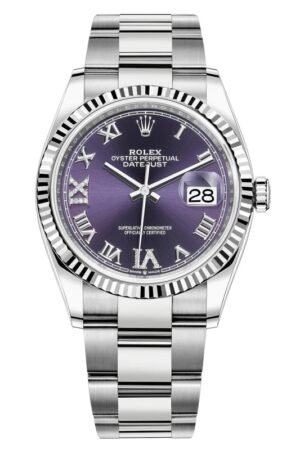 Rolex Datejust 36 Stainless Steel Aubergine Diamond Pave Roman Dial Women's Watch M126234-0022