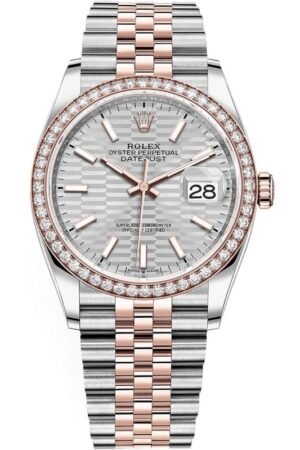 Rolex Datejust 36 Steel & Everose Gold Silver Fluted-Motif Dial Diamond Bezel Women's Watch M126281RBR-0021