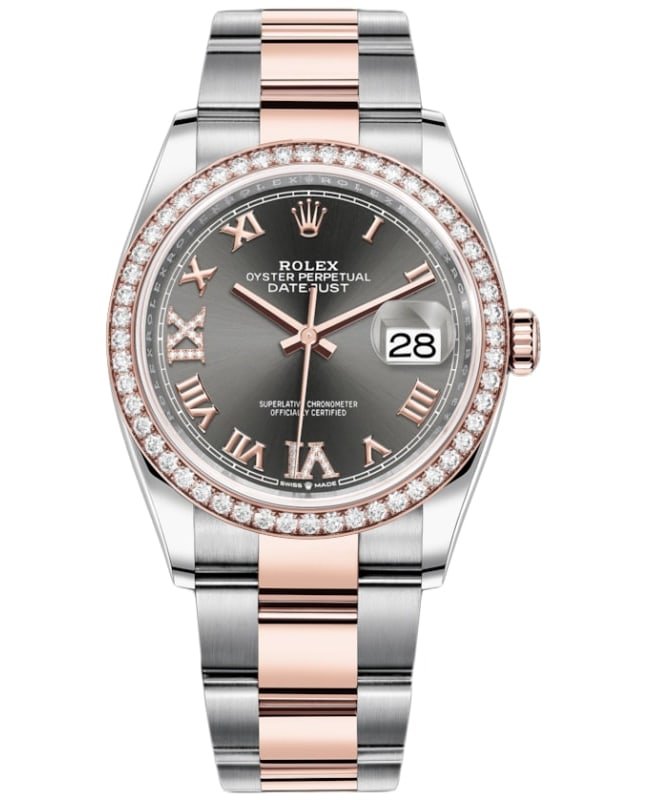 Rolex Datejust 36 Steel & Everose Gold Slate Diamond Pave Roman Dial Diamond Bezel Women's Watch M126281RBR-0012