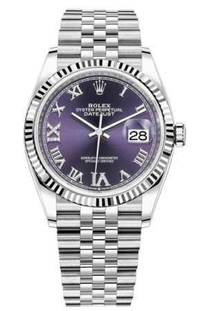 Rolex Datejust 36 Steel & White Gold Aubergine Diamond Pave Roman Dial Women's Watch M126234-0021