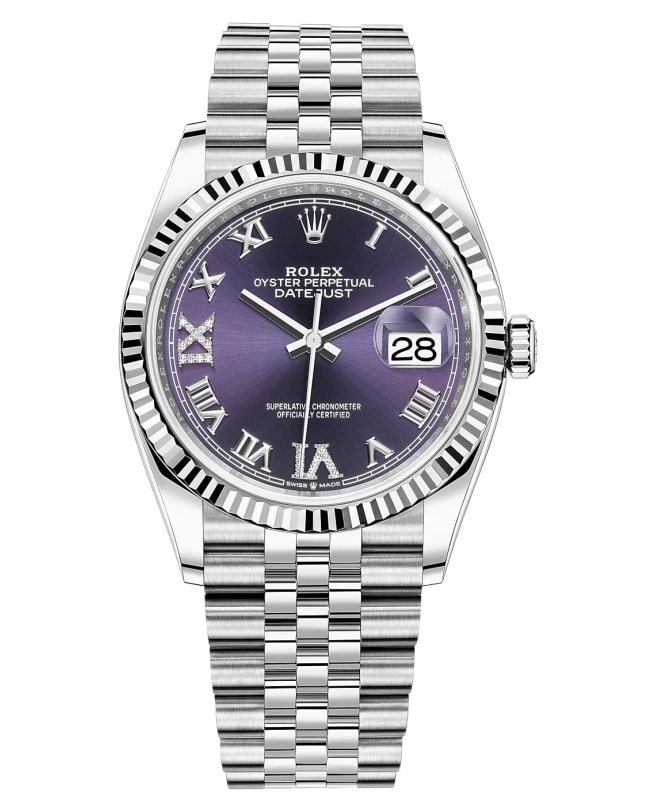 Rolex Datejust 36 Steel & White Gold Aubergine Diamond Pave Roman Dial Women's Watch M126234-0021