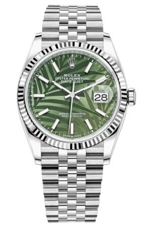 Rolex Datejust 36 Steel & White Gold Olive Green Palm-Motif Dial Women's Watch M126234-0047