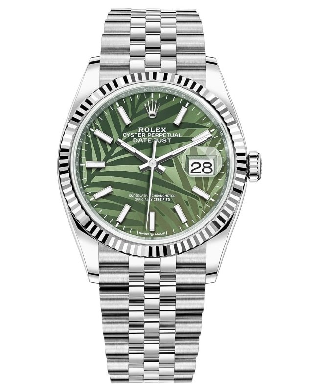 Rolex Datejust 36 Steel & White Gold Olive Green Palm-Motif Dial Women's Watch M126234-0047