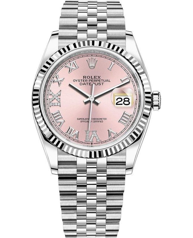 Rolex Datejust 36 Steel & White Gold Pink Diamond Pave Roman Dial Women's Watch M126234-0031