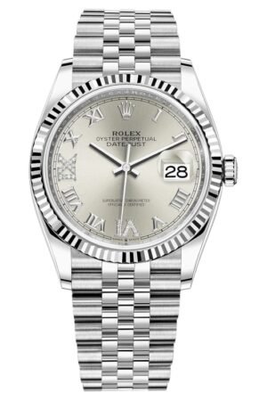 Rolex Datejust 36 Steel & White Gold Silver Diamond Pave Roman Dial Women's Watch M126234-0029