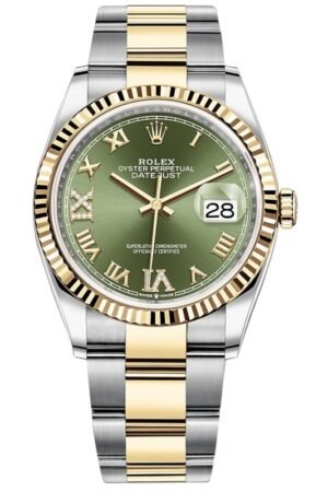 Rolex Datejust 36 Steel & Yellow Gold Olive Green Diamond Dial Women's Watch M126233-0026