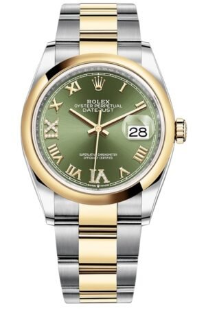 Rolex Datejust 36 Steel & Yellow Gold Olive Green Pave Roman Dial Men's Watch M126203-0026