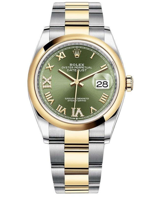 Rolex Datejust 36 Steel & Yellow Gold Olive Green Pave Roman Dial Men's Watch M126203-0026