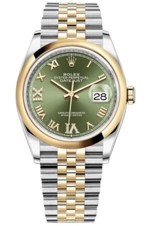 Rolex Datejust 36 Steel & Yellow Gold Olive Green Pave Roman Dial Men's Watch M126203-0025
