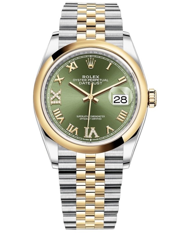 Rolex Datejust 36 Steel & Yellow Gold Olive Green Pave Roman Dial Men's Watch M126203-0025