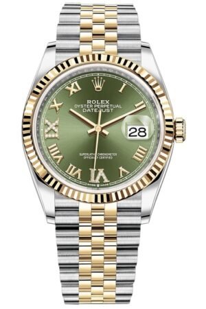 Rolex Datejust 36 Steel & Yellow Gold Olive Green Pave Roman Dial Women's Watch M126233-0025