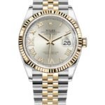 Rolex Datejust 36 Steel & Yellow Gold Silver Pave Roman Dial Women's Watch M126233-0031