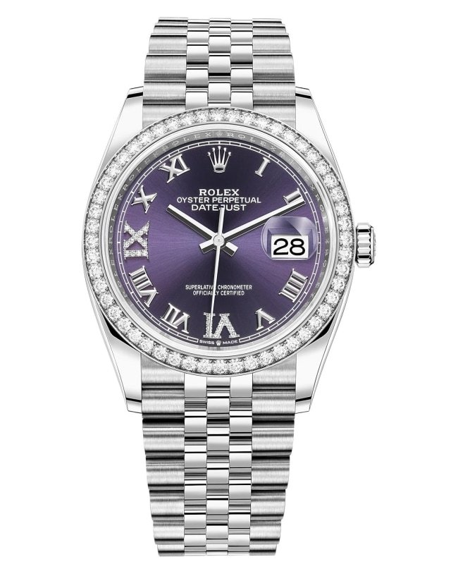 Rolex Datejust 36 White Gold & Diamonds Aubergine Pave Roman Dial Women's Watch M126284RBR-0013