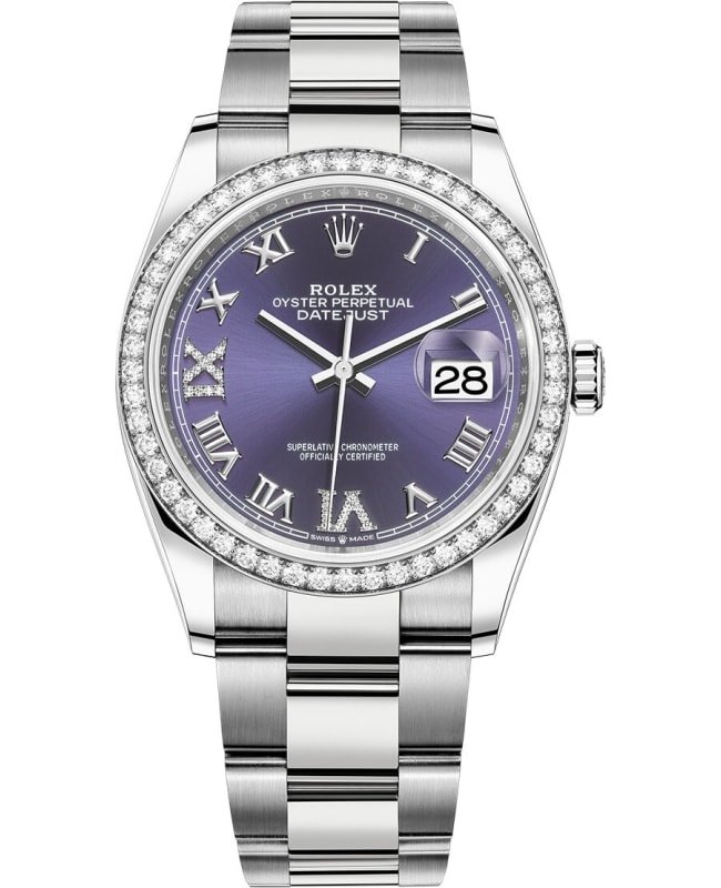 Rolex Datejust 36 White Gold & Diamonds Aubergine Pave Roman Dial Women's Watch M126284RBR-0014