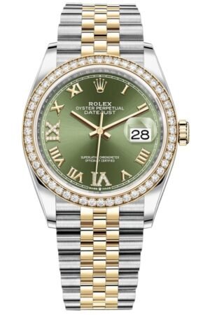 Rolex Datejust 36 Yellow Gold & Diamonds Olive Green Diamond Pave Roman Dial Women's Watch M126283RBR-0011