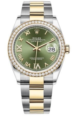 Rolex Datejust 36 Yellow Gold & Diamonds Olive Green Pave Roman Dial Women's Watch M126283RBR-0012