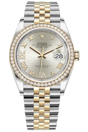 Rolex Datejust 36 Yellow Gold & Diamonds Silver Diamond Pave Roman Dial Women's Watch M126283RBR-0017