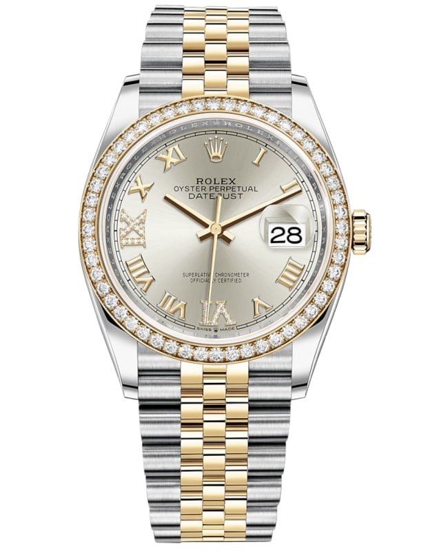 Rolex Datejust 36 Yellow Gold & Diamonds Silver Diamond Pave Roman Dial Women's Watch M126283RBR-0017