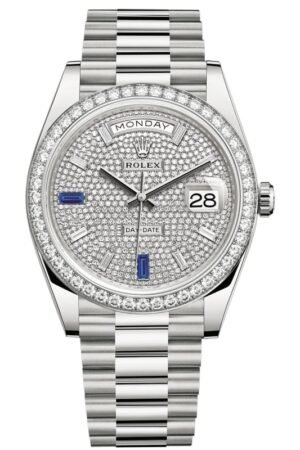 Rolex Day-Date 40 18k White Gold Diamond-Paved Dial With Sapphires Diamond Bezel Men's Watch M228349RBR-0036