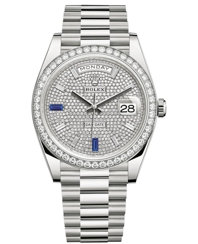 Rolex Day-Date 40 18k White Gold Diamond-Paved Dial With Sapphires Diamond Bezel Men's Watch M228349RBR-0036