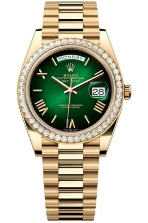 Rolex Day-Date 40 Automatic Green Dial Diamond Bezel 18K Yellow Gold President Bracelet Men's Watch M228348RBR-0045