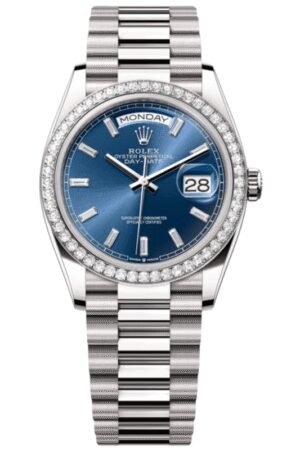 Rolex Day-Date White Gold 36 Automatic Blue Dial Diamond Bezel 18K White Gold Women's Watch M128349RBR-0051