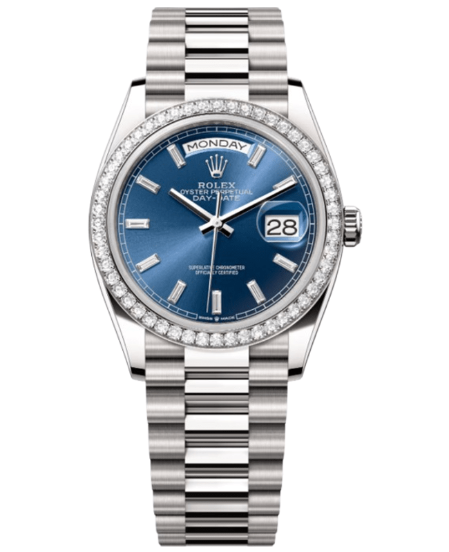 Rolex Day-Date White Gold 36 Automatic Blue Dial Diamond Bezel 18K White Gold Women's Watch M128349RBR-0051