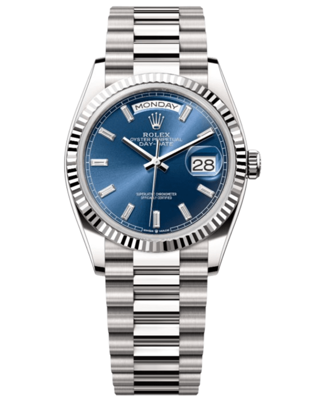 Rolex Day-Date White Gold 36 Automatic Blue Diamond Dial 18K Women's Watch M128239-0069