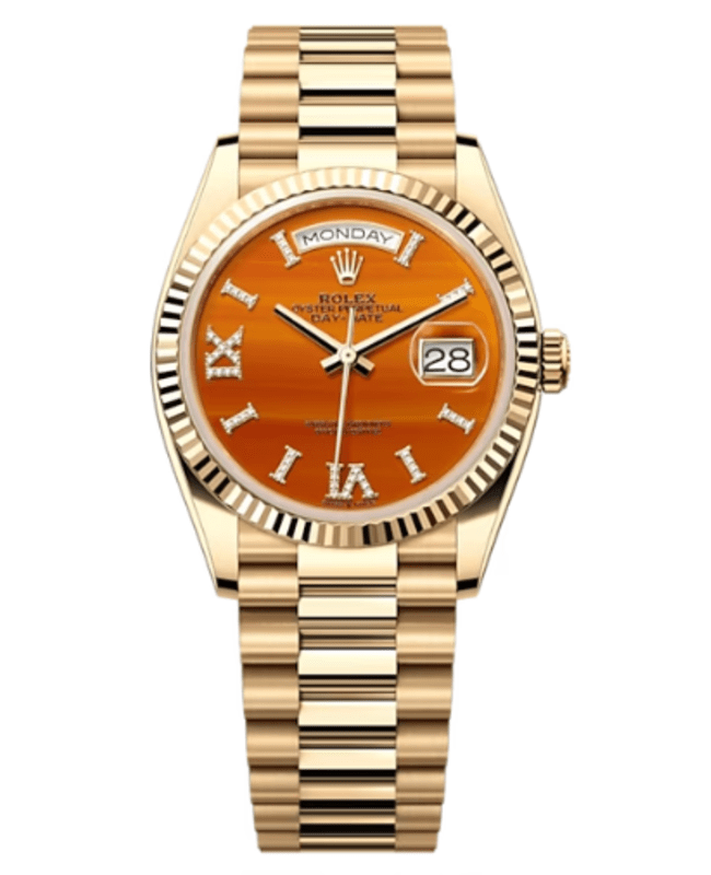 Rolex Day-Date Yellow Gold Carnelian Diamond-Set Roman Dial Women's Watch M128238-0088