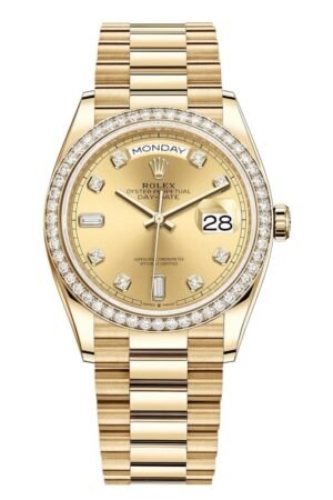 Rolex Day-Date Yellow Gold Champagne Diamond Dial Diamond Bezel Women's Watch M128348RBR-0008