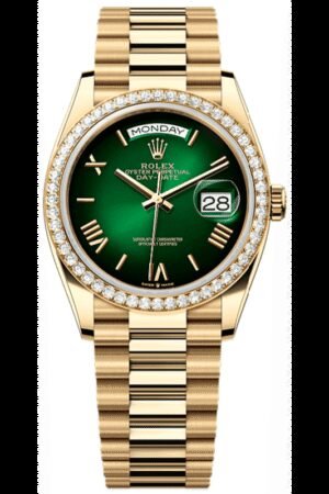 Rolex Day-Date Yellow Gold Green Ombré Dial Diamond Bezel Women's Watch M128348RBR-0068